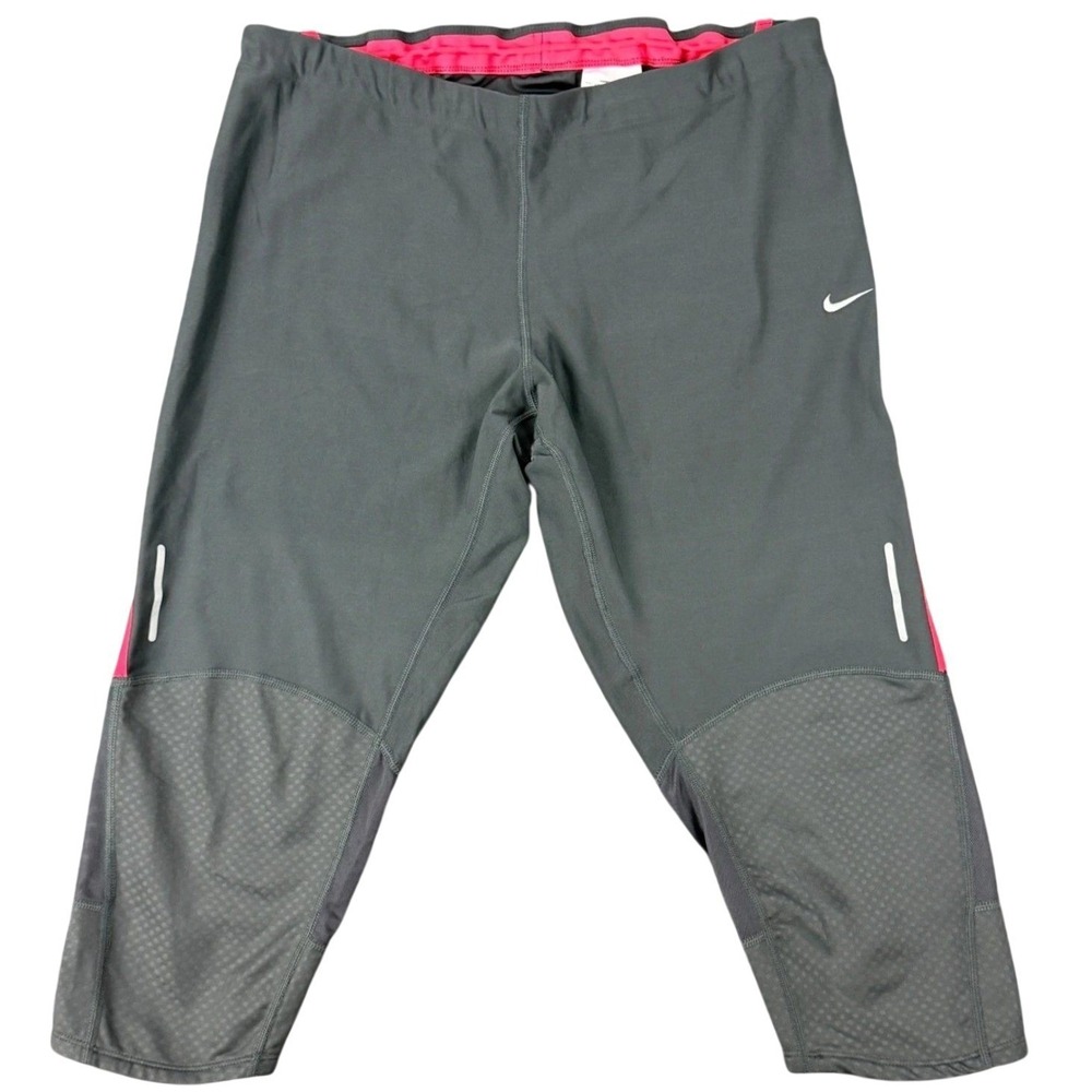 Nike Dri-Fit Women XL Gray Pink Running Capri Tights Compression Back Zip Pocket